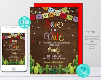 Editable Save The Date Template, Mexican Theme, Wood, Wedding, Birthday, Printable, Instant Download, Digital File Corjl