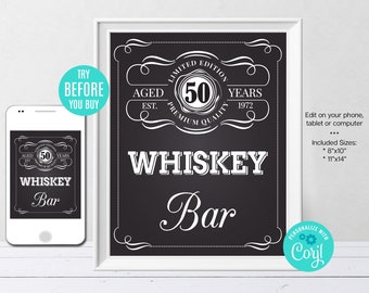 Editable Whiskey Bar Sign ANY AGE to Perfection Birthday Party Sign Whiskey Label Sign, Party Decor Instant Download CORJL Template