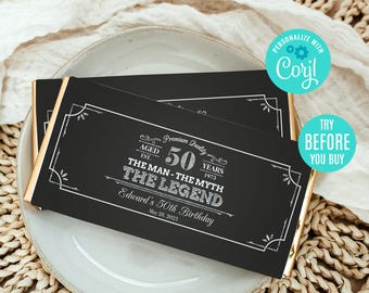 Bewerkbaar The Man The Myth The Legend Candy Bar 1,55 oz, zilver, gunsttag vintage verjaardagsfeestje gunst, feestdecor, instant download