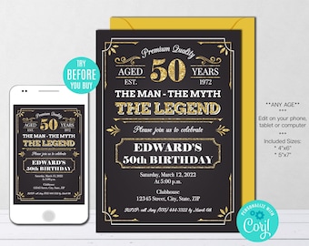 Invitación de cumpleaños editable "El hombre, el mito, la leyenda" para cualquier edad, envejecida a la perfección, invitación dorada, fiesta de cumpleaños vintage, descarga instantánea.