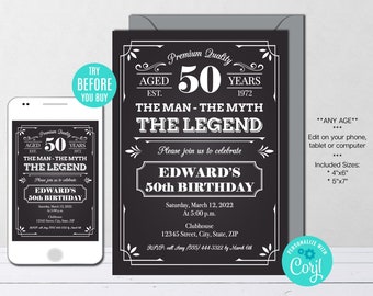 Invitación de cumpleaños editable El hombre, el mito, la leyenda CUALQUIER EDAD Invitación de cumpleaños envejecida a la perfección Fiesta de cumpleaños vintage Descarga instantánea