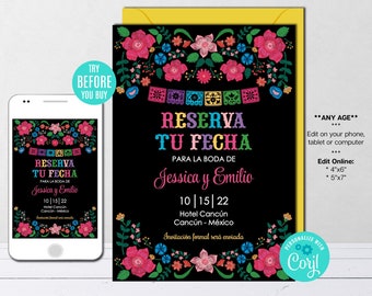 Editable Save The Date Template, Spanish, Mexican Theme, Mexican Flowers, Wedding, Birthday, Printable, Instant Download, Digital File Corjl