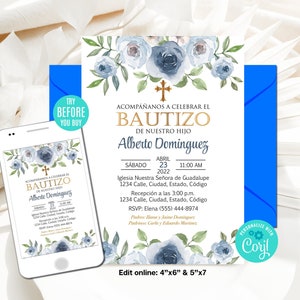 Convite editável de batismo menino espanhol guirlanda azul flores ouro convite de batizado modelo para impressão download instantâneo digital CORJL