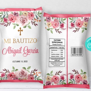EDITABLE Baptism Chip Bag Wrappers Floral Baptism Girl Spanish Christening Chip Bag Floral Pink Printable Template Instant Download CORJL