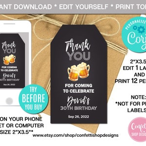 EDITABLE Birthday Favor Tag, Cheers and Beers Theme Party favor Labels, Beers Thank Tag, Gift Tag, Beer Favor Label, Instant Download, CORJL