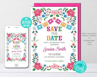 Editable Save The Date Template, Mexican Theme, Mexican Flowers, Wedding, Birthday, Printable, Instant Download, Digital File Corjl