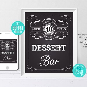 Editable Dessert Bar Sign ANY AGE to Perfection Birthday Party Sign Whiskey Label Sign, Party Decor Instant Download CORJL Template
