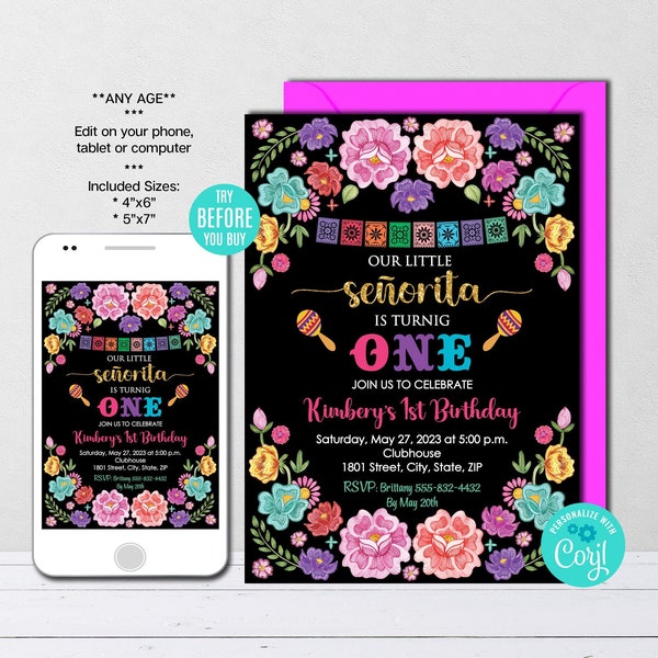 Our Little Senorita Birthday Fiesta Invitation, Mexican Birthday, Any Age, Mexican theme, First Fiesta Invitation, Instant Download, CORJL