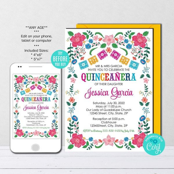 Bewerkbare Quinceanera uitnodiging Mis Quince verjaardagsuitnodiging Mexicaanse Fiesta verjaardagsuitnodiging Mexicaanse Fiesta Party Instant Download