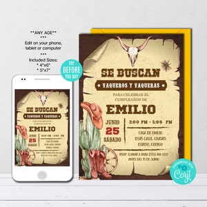 EDITABLE Western Cowboy Birthday Invitation, Spanish Cowboy Birthday Invitation, Wild West Invitation, Texas Birthday, Vaqueros, Cactus