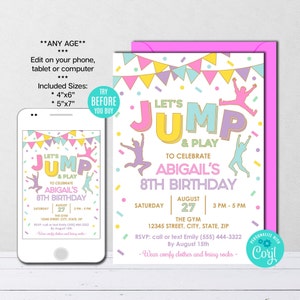 Editable Jump Birthday Invitation Template, Girl, Jump Invitation, Let&#39;s Jump Party, Trampoline Party, Bounce House Party, Instant Download