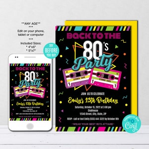 May include: A digital invitation for a Back to the 80s party. The invitation features a black background with neon pink, blue, and yellow accents. The text "Back to the 80s Party" is in a retro font. The invitation also features a cassette tape graphic. The invitation is for Emily's 13th birthday and includes the date, time, and location of the party.