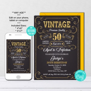 Editable Aged to Perfection Birthday Invitation, ANY AGE, Gold, Whiskey Label Birthday Invitation, Vintage Birthday Party, Instant Download