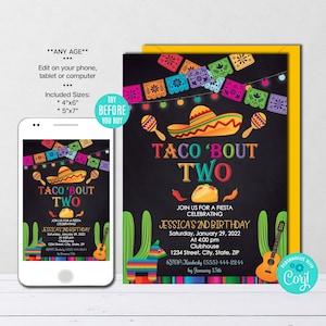 Editable Taco 'Bout Two Invitation, Mexican Invitation, Fiesta Invitation, Party Invite, Instant Download, Digital File, CORJL, Mexico