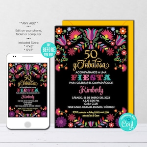 Editable Mexican Birthday Invitation Spanish Fifty Birthday Fifty & Fabulous Mexican theme Invitation Fiesta Invitation, Instant Download