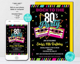 May include: A digital invitation for a Back to the 80s party. The invitation features a black background with neon pink, blue, and yellow accents. The text "Back to the 80s Party" is in a retro font. The invitation also features a cassette tape graphic. The invitation is for Emily's 13th birthday and includes the date, time, and location of the party.