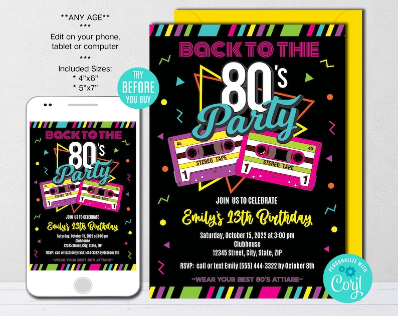 Editable 80s Birthday Party Invitation Customizable Retro Birthday Invite Back to the 80s Invitation Instant Download Tempate