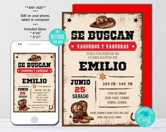 Editable Western Cowboy Rustic Birthday Invitation, Spanish, Wild West Birthday Invitation Instant Download, CORJL, Printable