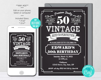 Editable Aged to Perfection Birthday Invitation, ANY AGE, Whiskey Label Birthday Invitation, Vintage Birthday Party, Instant Download, CORJL