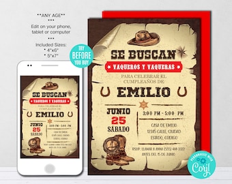 Editable Country Western Birthday Invitation, Cowboy Birthday Invitation, Spanish, Wild West Invitation, Instant Download, CORJL, Printable