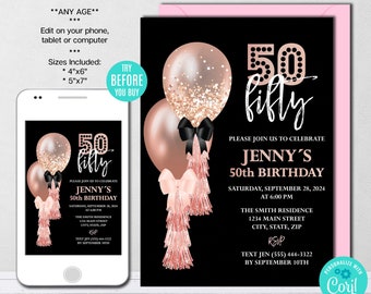 EDITABLE Balloons Birthday Invitation, 50th Birthday Invitation, Fifty and Fabulous, Hello Fifty Pink and Black Invite, Printable Template