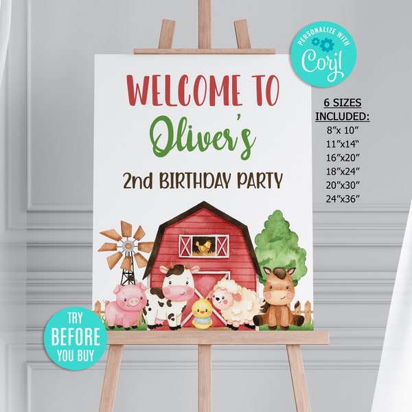 Editable Farm Birthday Welcome sign. Farm Animals Welcome sign.Farm Birthday Party Sign Template, Barnyard Welcome sign, Instant Donwload