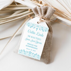 Cielito Lindo Bautismo Favor Etiqueta, Papel Picado Azul, Plantilla Editable, Tema Barro Mexicano, Flores de Talavera, Descarga Digital, CORJL