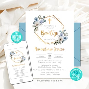 Convite editável de batismo menino espanhol guirlanda azul flores ouro convite de batizado modelo para impressão download instantâneo digital CORJL