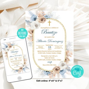 Modelo editável de convite de batismo, menino, convite de batismo floral espanhol, flores azuis, convite Bautizo, estilo Boho, download instantâneo