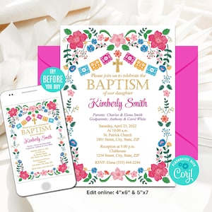 EDITABLE Mexican Baptism and First Birthday Invitation, Girl, Mexican Flowers, Christening Invitation, Template, Printable Invitation, CORJL