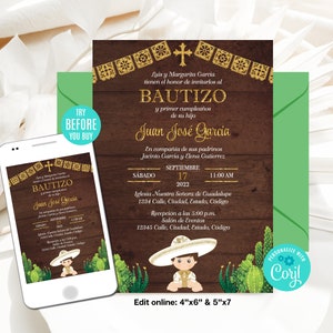 Editable Baptism Invitation, Boy, Spanish, Gold, Mexican Baptism Invitation, Charro Baptism Invitation, Rustic Wood, Instant Download, CORJL