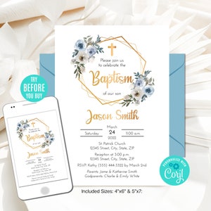 Bearbeitbare Taufe Einladung Junge Blau Kranz Blumen Gold Taufeinladung druckbare Vorlage Sofortiger Download Digitale Datei CORJL