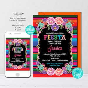Mexican Birthday Fiesta Invitation, Editable Spanish Mexican Flowers Invitation, Serape Mexican Fiesta Theme, Instant Download, CORJL