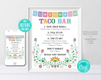 Editable Taco Bar Menu Sign, Fiesta Party Menu, Mexican Party, Mexican theme, Custom Printable, Instant Download, Digital File, CORJL