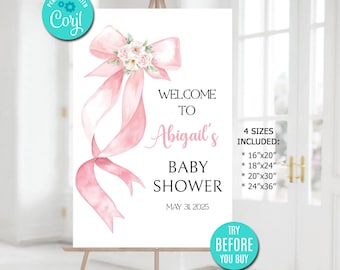 Tabliczka powitalna na baby shower z motywem kokietki: różowa kokardka, akwarela, szablon do edycji, plik cyfrowy (do natychmiastowego pobrania)