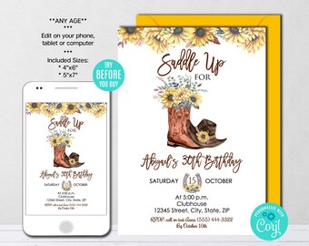 Editable Cowgirl Birthday Invitation, Boots, Country Western Birthday Invitation, Wild West Invitation, Instant Download, CORJL, Printable