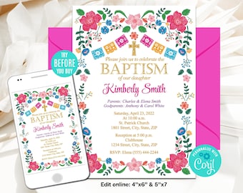 EDITABLE Mexican Baptism and First Birthday Invitation, Girl, Mexican Flowers, Christening Invitation, Template, Printable Invitation, CORJL