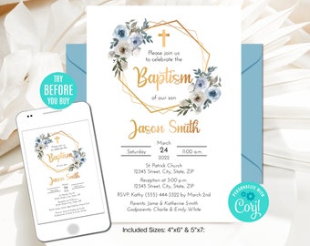Editable Baptism Invitation Boy Blue Wreath Flowers Gold Christening Invitation Printable Template Instant Download Digital File CORJL