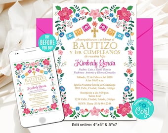 EDITABLE Mexican Baptism and First Birthday Invitation, Girl, Spanish, Mexican Flowers, Christening Invitation, Printable Invitation, CORJL