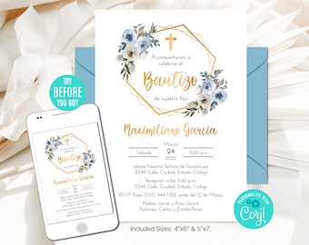 Editable Baptism Invitation Boy Spanish Blue Wreath Flowers Gold Christening Invitation Printable Template Instant Download Digital CORJL