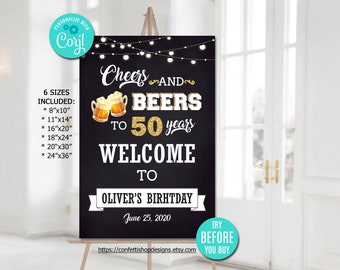 Editable Cheers and Beers Welcome Sign Any Age fifty Birthday Party Welcome Sign Gold Beer Welcome Sign Party Decor Instant Download