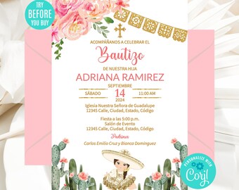 Editable Mexican Baptism Invitation, Girl, Spanish, Cactus and Peach Flowers, Gold,  Mexican Themed, Christening Invite, Instant Download