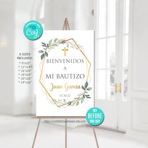 Editable Baptism Welcome Sign, Neutral Spanish, Cartel de Bienvenida, Bautizo, Christening, Greenery, Printable, Instant Download, CORJL