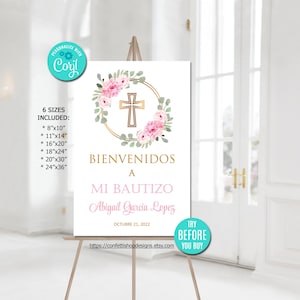 Editable Baptism Welcome Sign, Girl, Spanish, Cartel de Bienvenida, Bautizo, Flowers, Christening, Pink, Printable, Instant Download, CORJL