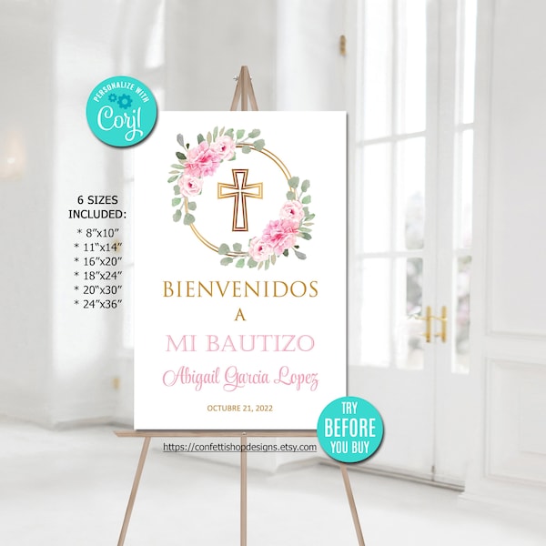 Editable Baptism Welcome Sign, Girl, Spanish, Cartel de Bienvenida, Bautizo, Flowers, Christening, Pink, Printable, Instant Download, CORJL