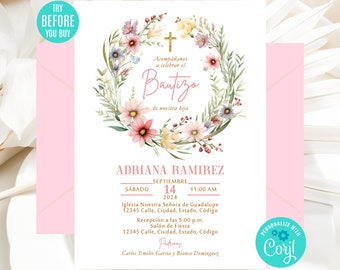 Editable Wildflowers Baptism Invitation Girl, Spring Baptism Invitation, Christening Invitation, Instant Download, Printable Template, CORJL