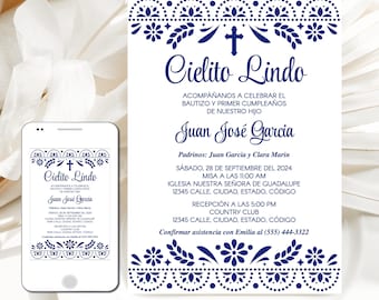 Cielito Lindo Blue Baptism Invitation, Boy, Editable Template, Royal Blue Talavera Flowers, Mexican Barro Theme, Digital Download, CORJL