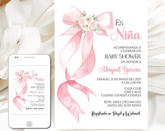 Coquette Pink Bow Baby Shower Invitation: Spanish Editable Template, Flowers, Digital File (Instant Download)