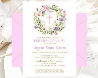 Editable First Communion Invitation Girl, Primera Comunion, Spanish Wild Flowers First Communion Invite, Printable, Instant Download, CORJL