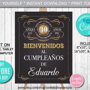 Editable Aged to Perfection Welcome Sign ANY AGE Spanish Birthday Welcome Sign Gold Whiskey Label Welcome Sign, Party Decor Instant Download